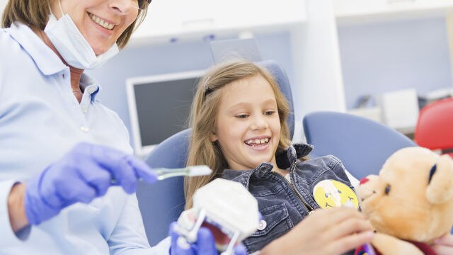 professionals learning how to floosing teeths with toys to a child